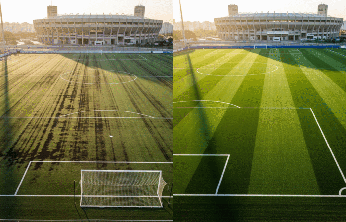 Comparaison terrain football synthétique dégradé vs neuf FIFA Quality Maroc Casablanca gazon artificiel 2 ans usure fournisseur Starfield