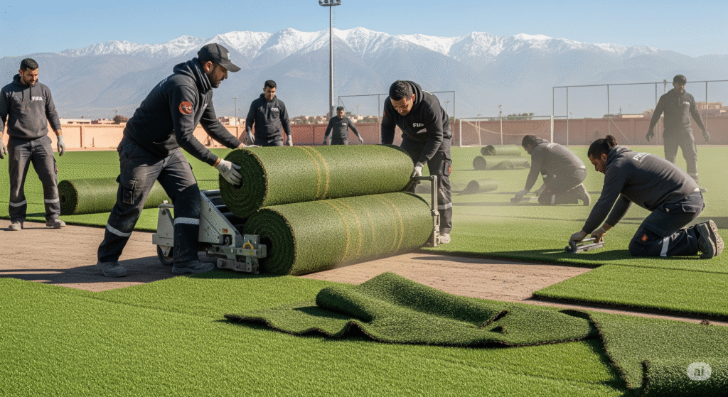 Installation terrain football gazon synthétique FIFA Quality Marrakech Maroc pose professionnelle pelouse artificielle certifiée équipe expert Starfield
